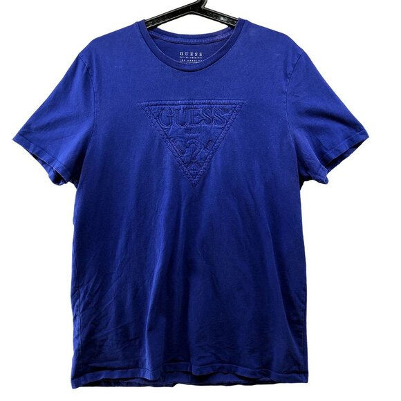 Guess T Shirt Mens XL Slim Fit Blue Short Sleeve Embroidered Logo Triangle - Picture 1 of 6